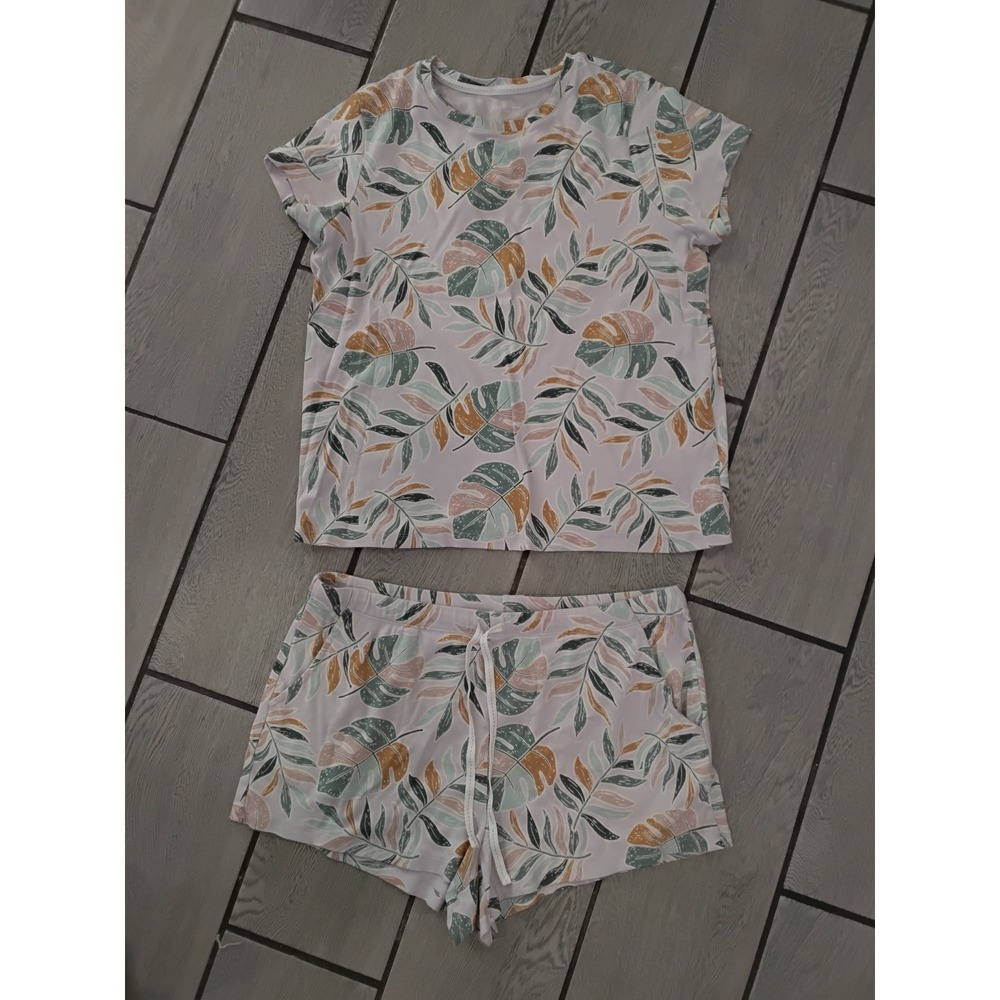 Lauren Conrad Pajama Set Women's Tropical Leaf Print Top & Shorts Loungewear L